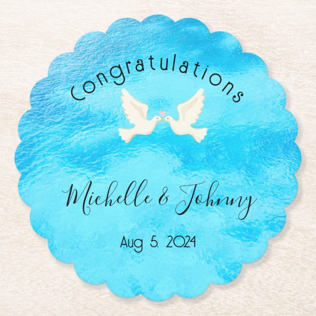 Posavasos De Papel Romántico - dos palomas con corazón rosa sobre azu (Anverso)