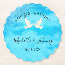 Posavasos De Papel Romántico - dos palomas con corazón rosado en azul