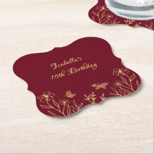 Posavasos De Papel Romántico elegante oro flor burgundy boda