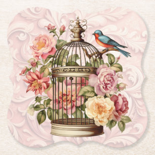 Posavasos De Papel Romántico Jaula de Pájaros Floral Acuarela Vintage