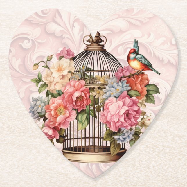 Posavasos De Papel Romántico Jaula de Pájaros Floral Acuarela Vintage (Anverso)