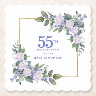 Posavasos De Papel Rosa Blanca Flor Azul Personalizada Cumpleaños 55