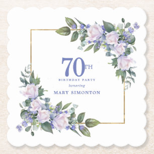 Posavasos De Papel Rosa Blanca Flor Azul Personalizada Cumpleaños 70
