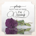 Posavasos De Papel Rosa de vidrio púrpura de Plum no tome mi Boda de<br><div class="desc">¡Esta montaña rusa boda es elegante, elegante y divertida! En él se ve una foto de un solo rosa de color púrpura de ciruela o berenjena de tallo largo sobre su lado reflejado en un estanque de agua. El texto dice "Por favor, no tomen mi bebida, estoy bailando" escrito con...</div>