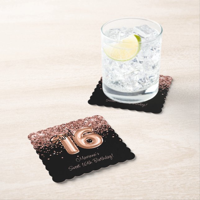 Posavasos De Papel Rosa Gold Blacki Sweet 16th Birthday Party (In situ)