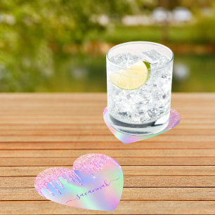 Posavasos De Papel Rosa rosado purpurina iridiscente oro arco iris cu