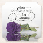 Posavasos De Papel Rosa Royal Purple Glam no tome mi Boda<br><div class="desc">¡Esta montaña rusa boda es elegante, elegante y divertida! En ella se ve una foto de un único rosa de color púrpura real de tallo largo sobre su lado, espejado en una piscina de agua. El texto dice "Por favor, no tomen mi bebida, estoy bailando" escrito con letras modernas de...</div>