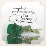 Posavasos De Papel Rosa verde esmeralda no se tome mi Boda<br><div class="desc">¡Esta montaña rusa boda es elegante, elegante y divertida! En él se ve una foto de un único rosa de color verde esmeralda de tallo largo, que se encuentra en un estanque de agua. El texto dice "Por favor, no tomen mi bebida, estoy bailando" escrito con letras modernas de escritura....</div>