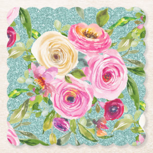 Posavasos De Papel Rosas acuarela en rosa y crema con brillo acuático