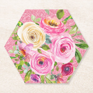 Posavasos De Papel Rosas acuarelas en Purpurina rosa y crema rosada