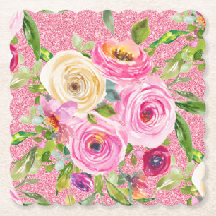 Posavasos De Papel Rosas acuarelas en Purpurina rosa y crema rosada