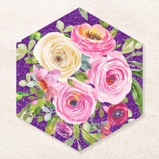 Posavasos De Papel Rosas acuarelas en Purpurina rosa y morado crema (Anverso)