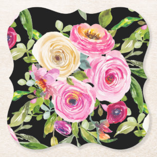 Posavasos De Papel Rosas acuarelas en rosa y crema en negro