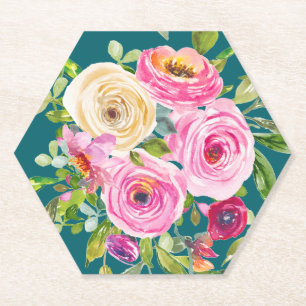 Posavasos De Papel Rosas acuarelas en rosa y crema en Verde azulado