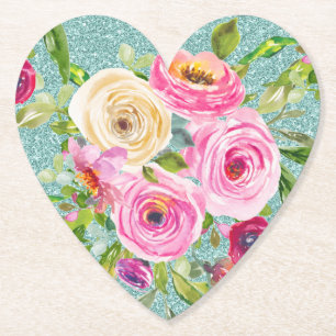 Posavasos De Papel Rosas acuáticos en el Purpurina de Aqua rosa y Cre