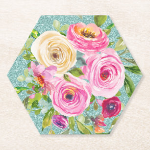 Posavasos De Papel Rosas acuáticos en el Purpurina de Aqua rosa y Cre