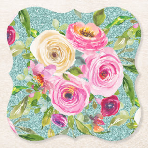 Posavasos De Papel Rosas acuáticos en el Purpurina de Aqua rosa y Cre