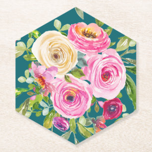 Posavasos De Papel Rosas en acuarela en rosa y crema sobre azul turqu