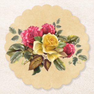 Posavasos De Papel Rosas florales vintage rojas y amarillas