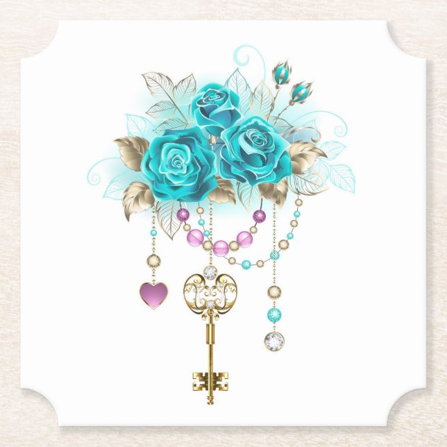 Posavasos De Papel Rosas turquesas con llaves (Anverso)