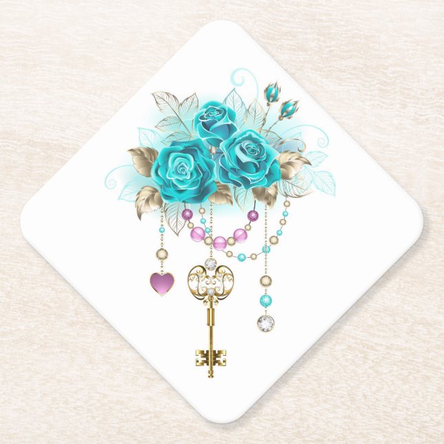 Posavasos De Papel Rosas turquesas con llaves (Anverso)