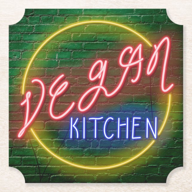 Posavasos De Papel Rótulo Neon Vegan Kitchen (Anverso)