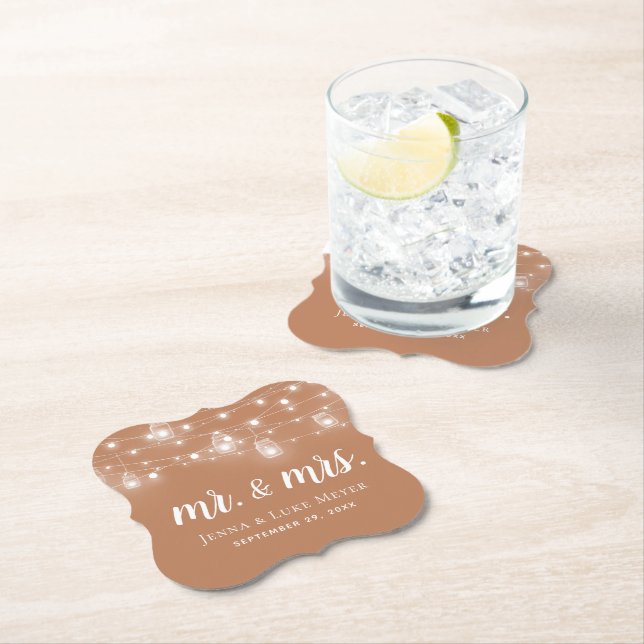 Posavasos De Papel Rustic String Lights Mr. and Mrs. Boda Monogram (In situ)