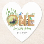 Posavasos De Papel Safari Wild One Photo First Birthday Animals Wood<br><div class="desc">Para una fiesta de primer cumpleaños con el tema de animales salvajes uno / jungla / safari. La palabra UNO es de letras de madera. En el interior hay una foto redonda de un niño con marcador de posición. alrededor de las otras letras de madera hay animales y hojas de...</div>
