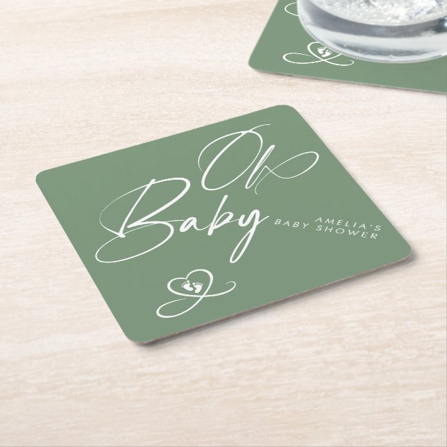 Posavasos De Papel Sage Green Elegant Script Oh Baby Baby Shower (En perspectiva)
