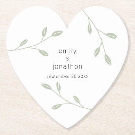 Posavasos De Papel Sage Green Foliage Dusty Names Fecha Boda Corazón