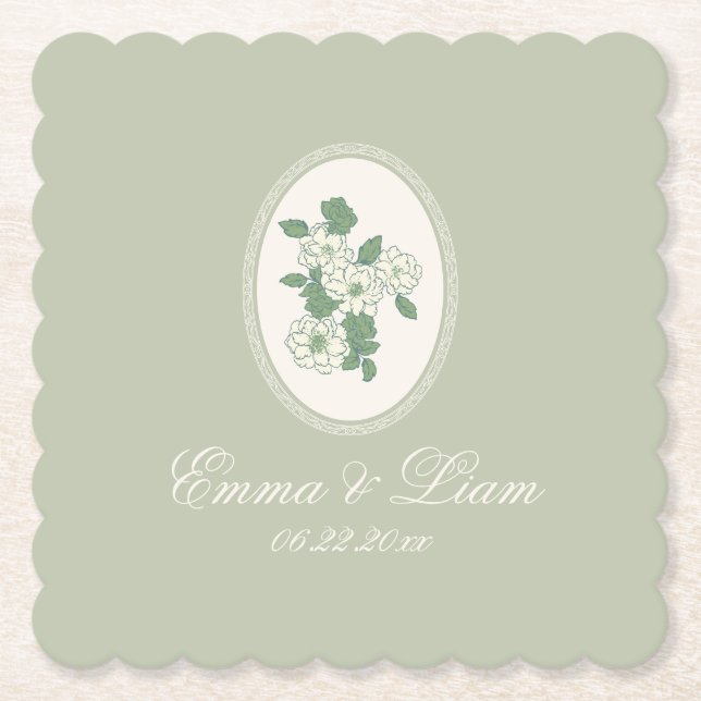 Posavasos De Papel Sage Green Scalloped Wedding Paper Coasters (Anverso)