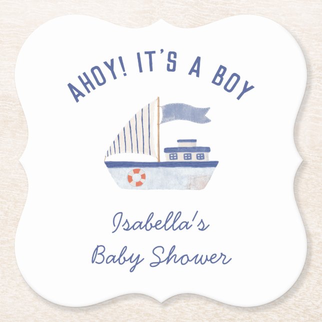 Posavasos De Papel ¡Sailboat Ahoy! Es el Baby Shower de un chico (Anverso)
