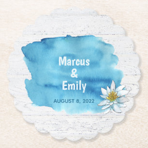 Posavasos De Papel salpicadura de acuarela azul sobre madera encalada