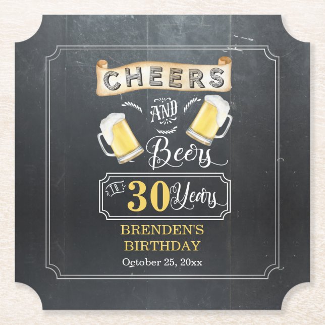 Posavasos De Papel Saludos y cervezas para fiesta de cumpleaños de 30 (Anverso)