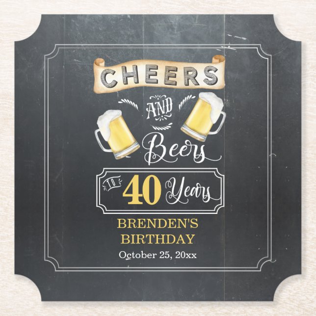 Posavasos De Papel Saludos y cervezas para fiesta de cumpleaños de 40 (Anverso)