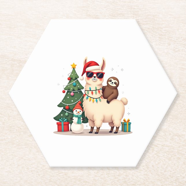 Posavasos De Papel Santa Xmas Funny Llama Sloth Christmas (2) (Anverso)
