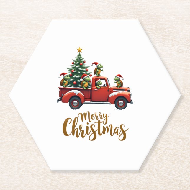 Posavasos De Papel Sea Turtles Driving Christmas Tree Truck Turtle Ch (Anverso)