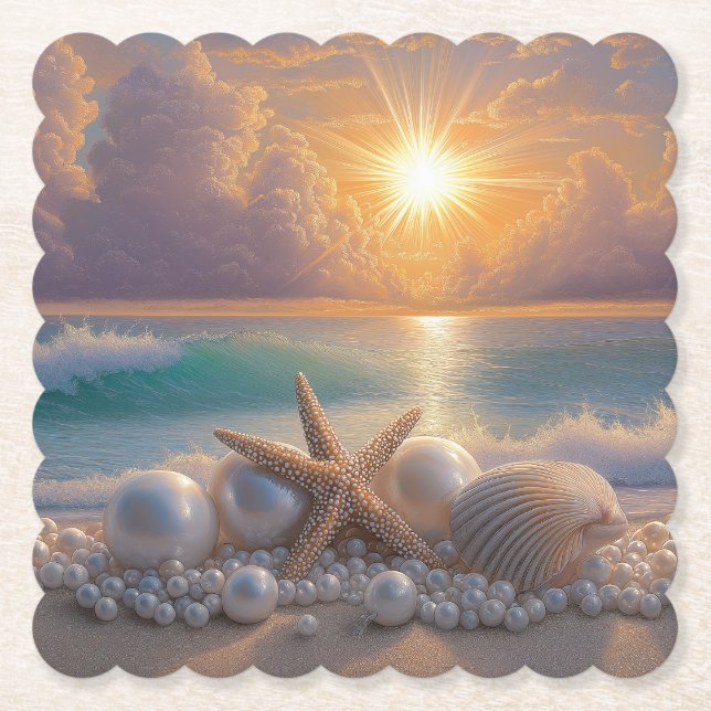 Posavasos De Papel Seashore Ocean Sunset Seashells Pearls (Anverso)