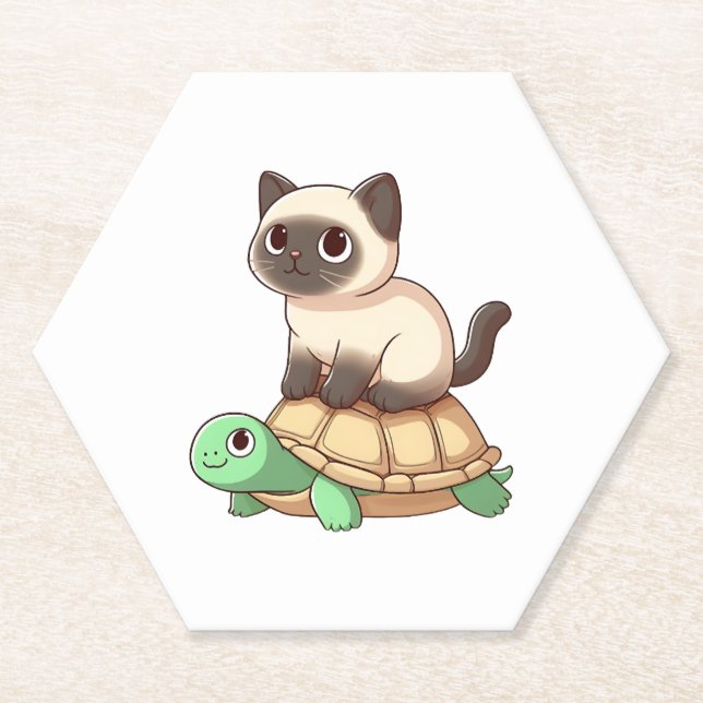 Posavasos De Papel Siamese cat rides turtle Copy (Anverso)