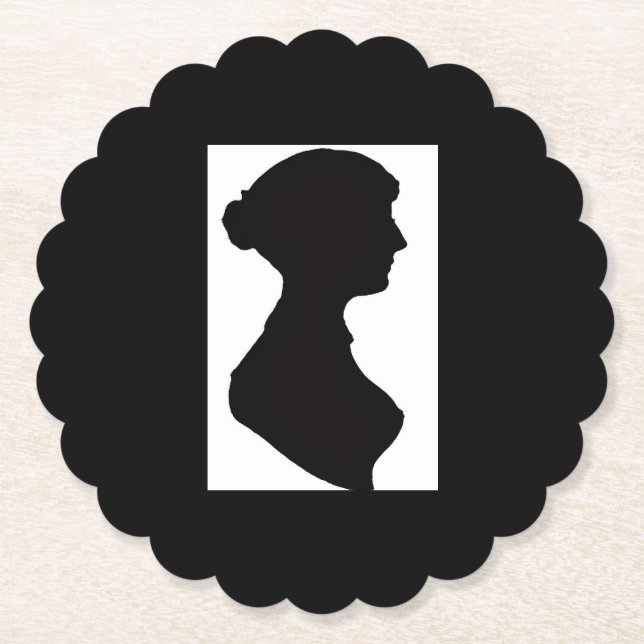 Posavasos De Papel Silueta de Jane Austen sobre negro (Anverso)