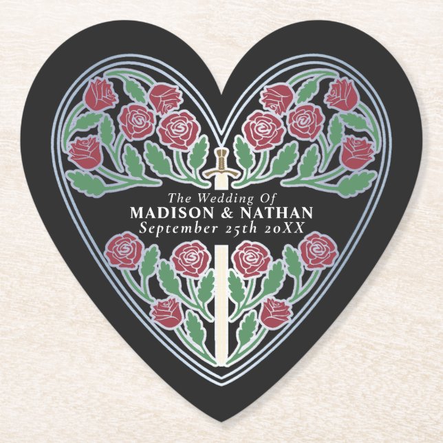 Posavasos De Papel Silver Black Royal Medieval Floral Sword Wedding (Anverso)