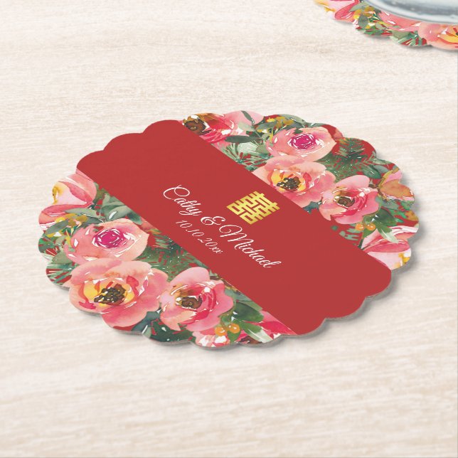 Posavasos De Papel Símbolo de doble felicidad de fondo de flor rosa (En perspectiva)