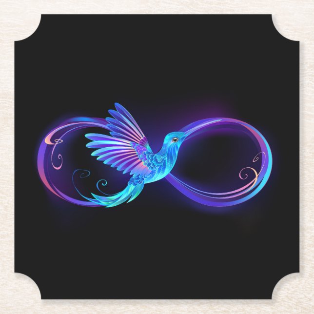 Posavasos De Papel Símbolo de infinito neón con colibrí brillante (Anverso)