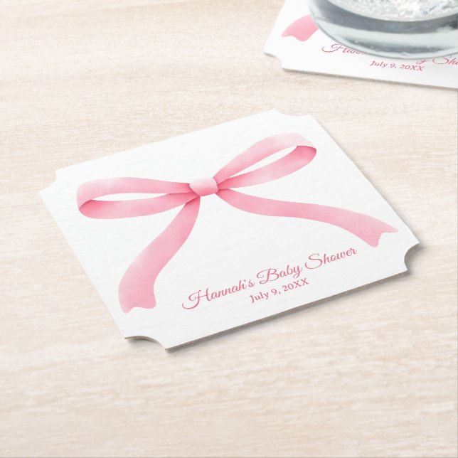 Posavasos De Papel Simple Bow Rosa Girly Baby Shower (En perspectiva)