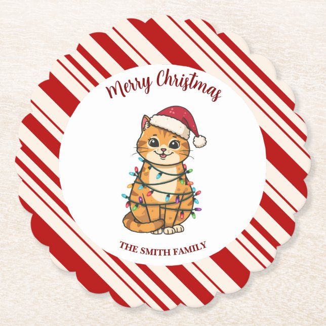 Posavasos De Papel Simple modern merry christmas kitten CatMAS patter (Anverso)
