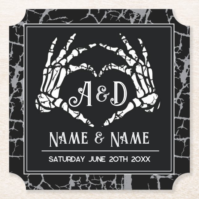 Posavasos De Papel Skeleton Heart Hands Boda Fiesta negro (Anverso)