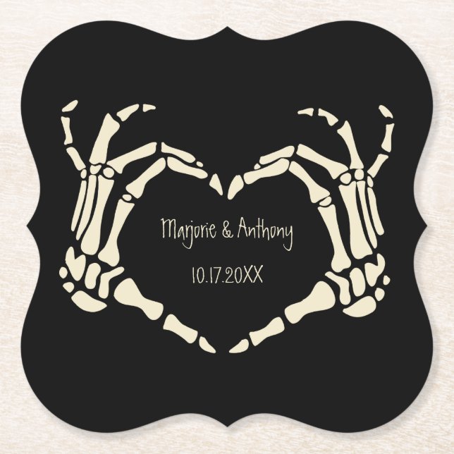 Posavasos De Papel Skeleton Manos Forma Corazón Boda Personalizada (Anverso)