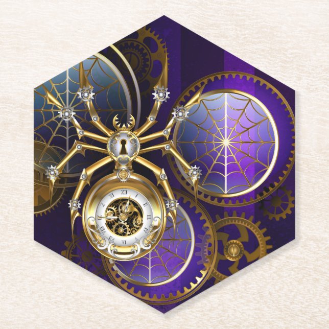 Posavasos De Papel Spider Steampunk sobre fondo morado (Anverso)