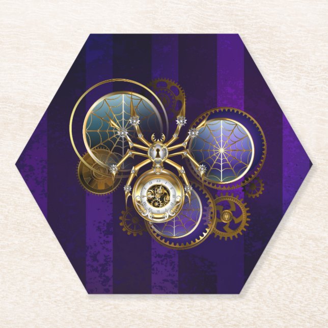 Posavasos De Papel Spider Steampunk sobre fondo morado (Anverso)