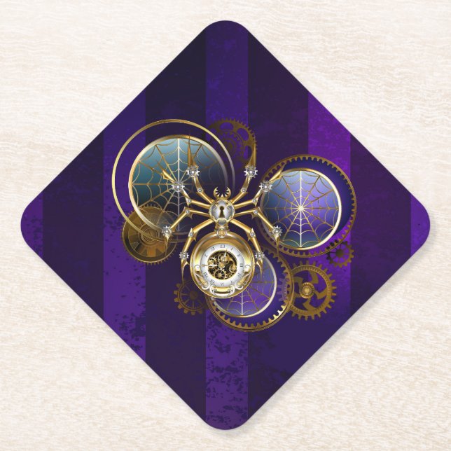 Posavasos De Papel Spider Steampunk sobre fondo morado (Anverso)